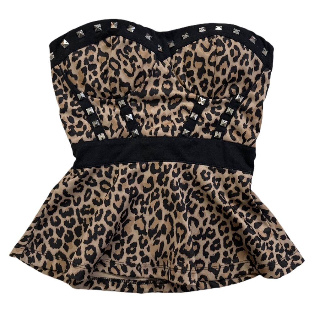 Y2K women's studded cheetah print baby doll strapless top, XS-S.